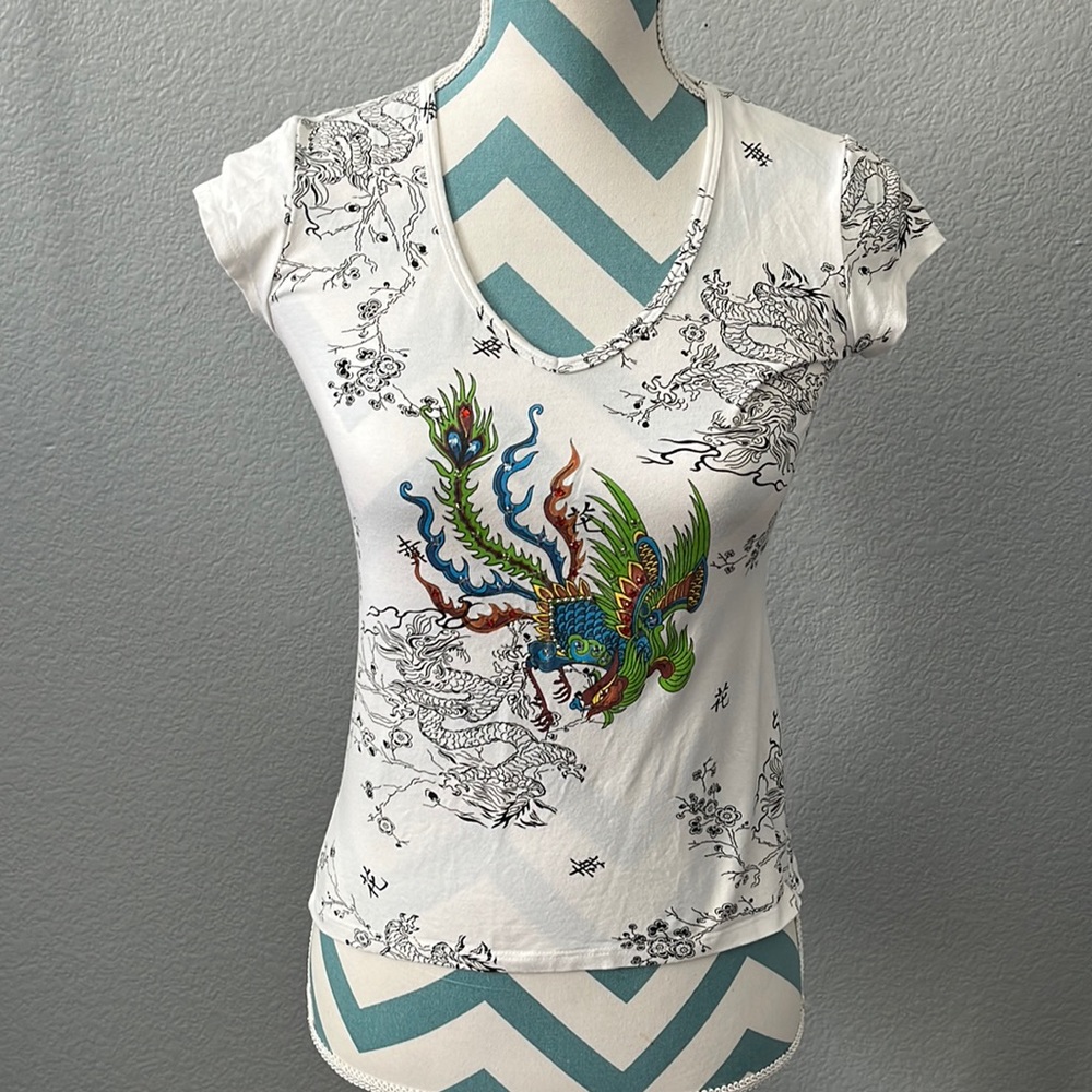 Bejeweled by Susan Fixel white top, multicolor jeweled bird front & back